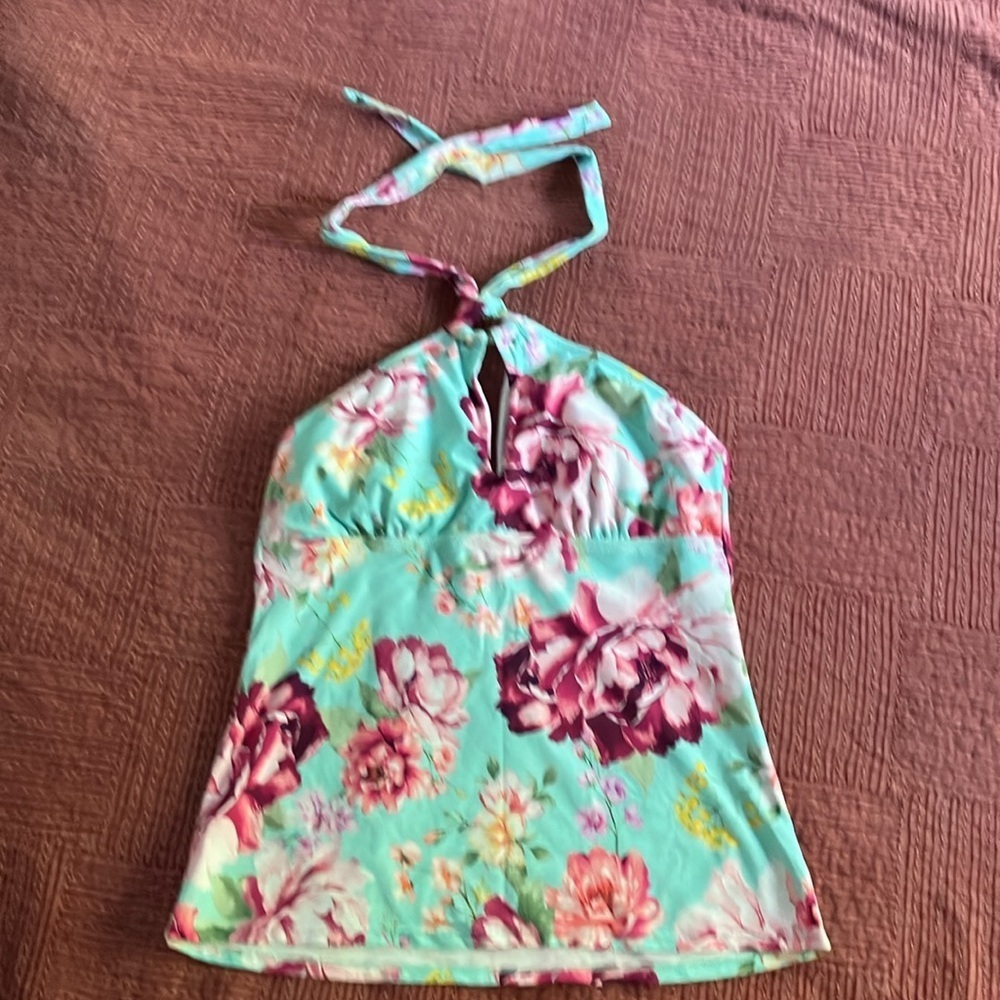 Size medium Blue and Green Floral Halter Sleeveless Tank swim bathing suit Top